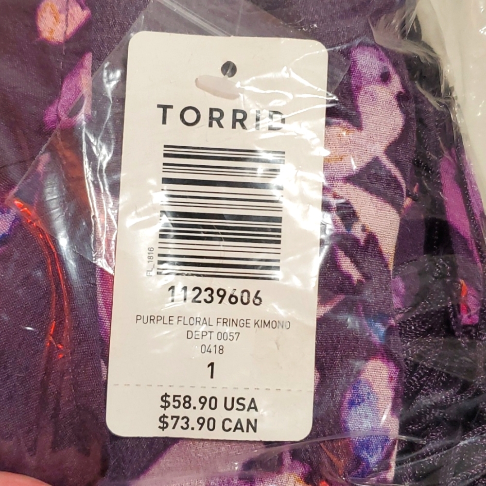 ❤️NWT VINTAGE TORRID FLORAL PRINT KIMONO FRINGE HEM SEMI-SHEER CREPE PLUS SIZE 1 - Picture 4 of 8